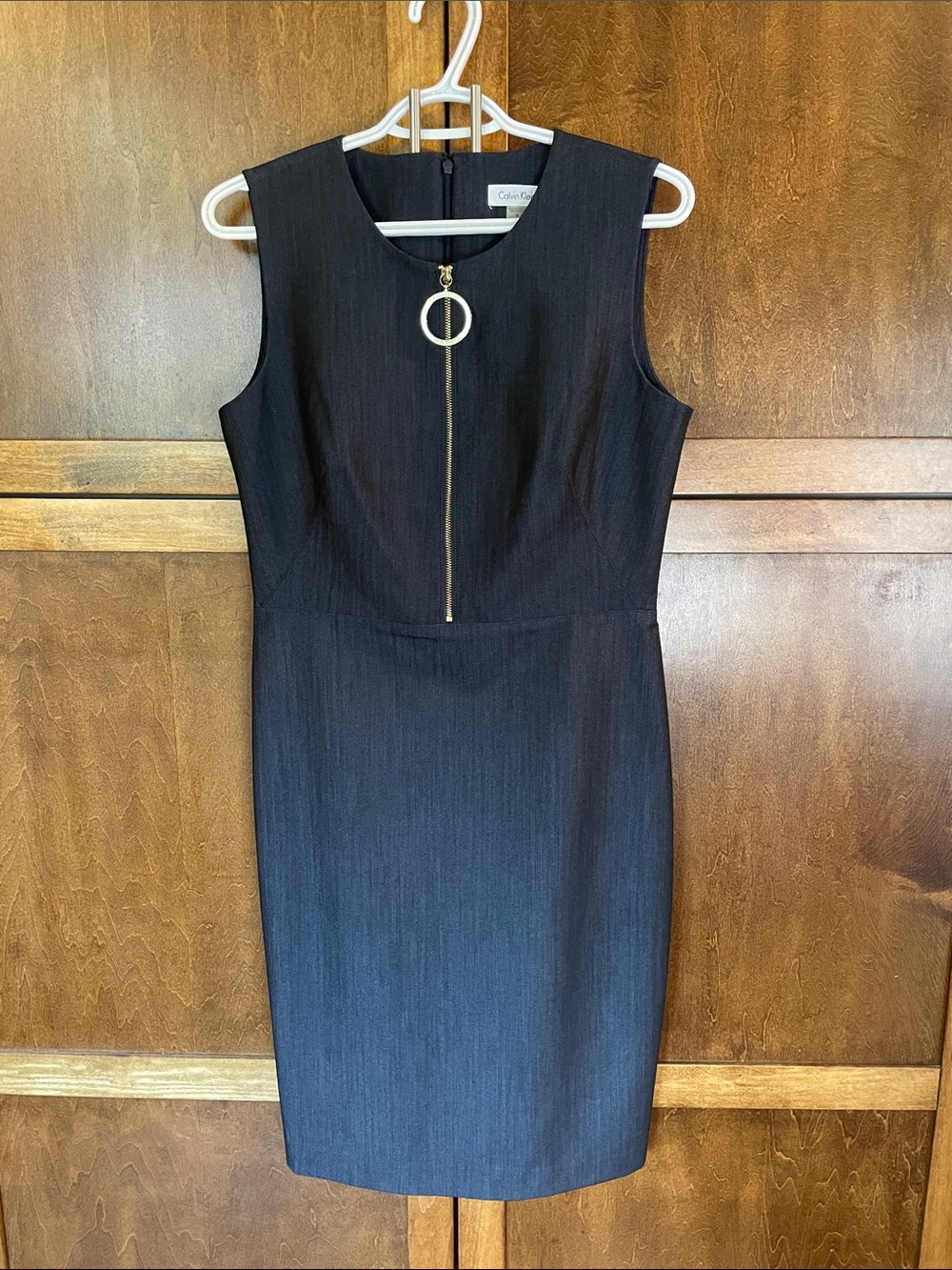 Calvin Klein Dark Navy (blue black) Sheath Dress with Gold Ring Zip